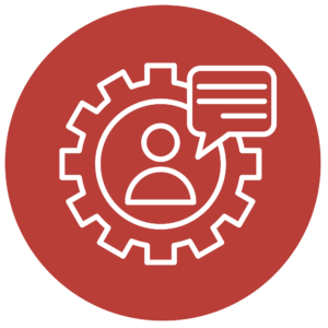 Icon of a cog wheel and a person in the middle with a speech bubble